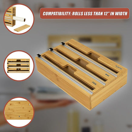 3 Grids Bamboo Food Wrap Dispenser Cutter Foil Cling Film Storage Holder Box Kitchen Home & Garden Kings Warehouse 