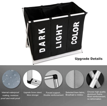 3 in 1 Large 135L Laundry Clothes Hamper Basket with Waterproof bags and Aluminum Frame (Black) Kings Warehouse 