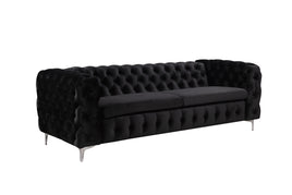 3 Seater Sofa Classic Button Tufted Lounge in Black Velvet Fabric with Metal Legs Furniture Kings Warehouse 