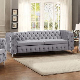 3 Seater Sofa Classic Button Tufted Lounge in Grey Velvet Fabric with Metal Legs Furniture Kings Warehouse 