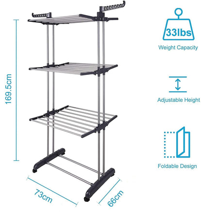 3 Tier Foldable Clothes Drying Rack for Laundry Dryer with Hanger Stand Rail Indoor Home & Garden Kings Warehouse 