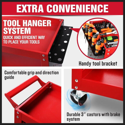 3-Tier Heavy Duty Steel Tool Trolley - Workshop Cart with Pegboard, Hooks and Locking Swivel Casters Tools Kings Warehouse 