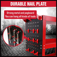 3-Tier Heavy Duty Steel Tool Trolley - Workshop Cart with Pegboard, Hooks and Locking Swivel Casters Tools Kings Warehouse 