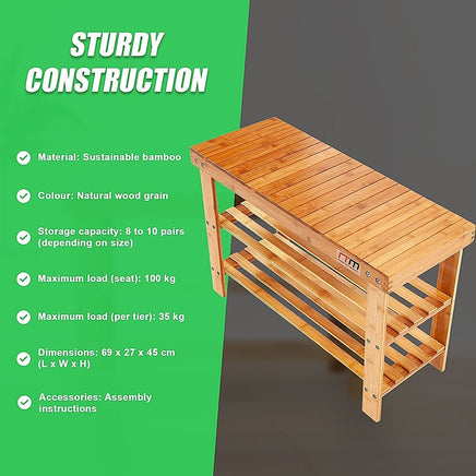 3 Tier Shoe Rack Bamboo Wooden Storage Shelf Stand Bench Cabinet Organiser Furniture Kings Warehouse 