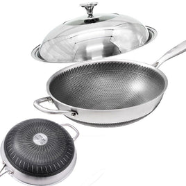 304 Stainless Steel 32cm Non-Stick Stir Fry Cooking Kitchen Wok Pan with Lid Honeycomb Double Sided Home & Garden Kings Warehouse 