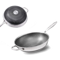 304 Stainless Steel 32cm Non-Stick Stir Fry Cooking Kitchen Wok Pan with Lid Honeycomb Double Sided Home & Garden Kings Warehouse 