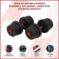 30kg Adjustable Rubber Dumbbell Set Barbell Home GYM Exercise Weights Sports & Fitness Kings Warehouse 