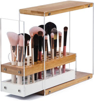 31 Holes Acrylic Bamboo Brush Holder Organiser Beauty Cosmetic Display Stand with Leather Drawer White (22.3 x 8.6 x 21.5 cm) Kings Warehouse 