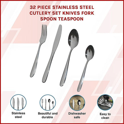 32 Piece Stainless Steel Cutlery Set Knives Fork Spoon Teaspoon Home & Garden KingsWarehouse 