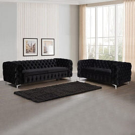 3+2 Seater Sofa Classic Button Tufted Lounge in Black Velvet Fabric with Metal Legs Furniture Kings Warehouse