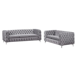 3+2 Seater Sofa Classic Button Tufted Lounge in Grey Velvet Fabric with Metal Legs Furniture Kings Warehouse 