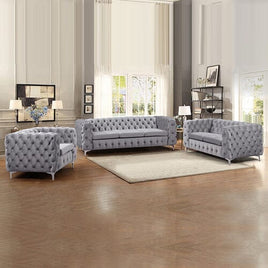 3+2+1 Seater Sofa Classic Button Tufted Lounge in Grey Velvet Fabric with Metal Legs Furniture Kings Warehouse 