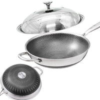 32cm 316 Stainless Steel Non-Stick Stir Fry Cooking Kitchen Wok Pan with Lid Honeycomb Double Sided