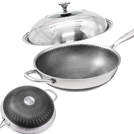32cm 316 Stainless Steel Non-Stick Stir Fry Cooking Kitchen Wok Pan with Lid Honeycomb Double Sided Home & Garden Kings Warehouse 