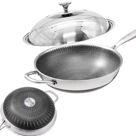 32cm 316 Stainless Steel Non-Stick Stir Fry Cooking Kitchen Wok Pan with Lid Honeycomb Double Sided Home & Garden Kings Warehouse 