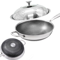 34cm 304 Stainless Steel Non-Stick Stir Fry Cooking Kitchen Honeycomb Wok Pan with Lid Home & Garden Kings Warehouse 