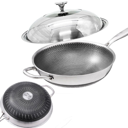 34cm 304 Stainless Steel Non-Stick Stir Fry Cooking Kitchen Honeycomb Wok Pan with Lid Home & Garden Kings Warehouse 