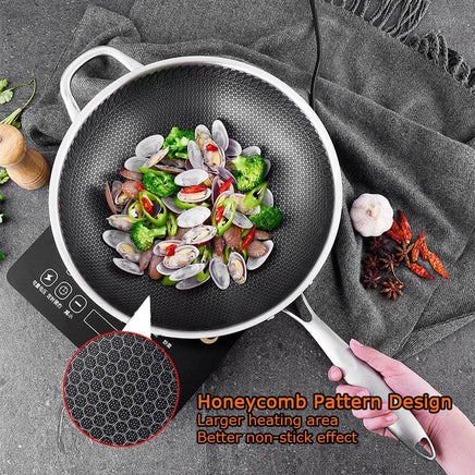 34cm 304 Stainless Steel Non-Stick Stir Fry Cooking Kitchen Honeycomb Wok Pan with Lid Home & Garden Kings Warehouse 