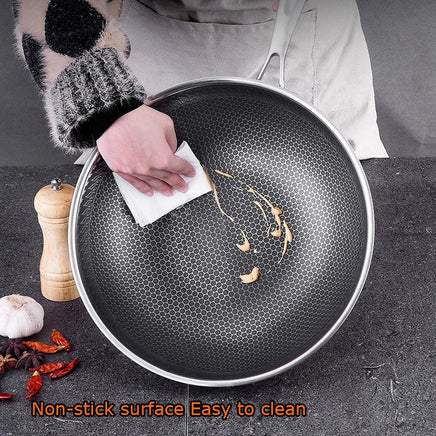 34cm 304 Stainless Steel Non-Stick Stir Fry Cooking Kitchen Honeycomb Wok Pan with Lid Home & Garden Kings Warehouse 