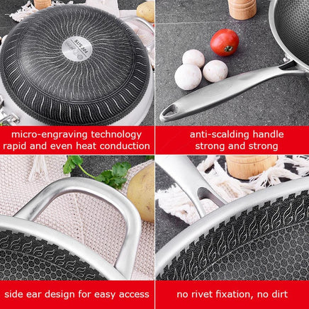 34cm 304 Stainless Steel Non-Stick Stir Fry Cooking Kitchen Honeycomb Wok Pan with Lid Home & Garden Kings Warehouse 