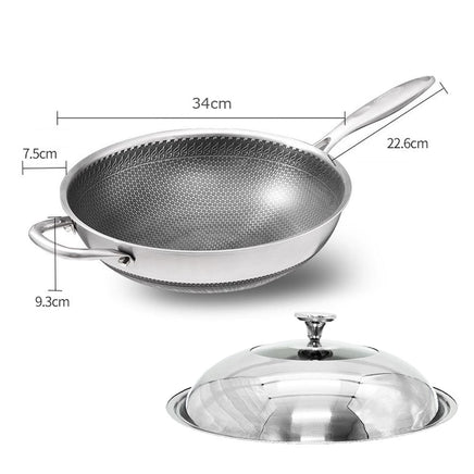 34cm 304 Stainless Steel Non-Stick Stir Fry Cooking Kitchen Honeycomb Wok Pan with Lid Home & Garden Kings Warehouse 
