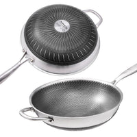 34cm 316 Stainless Steel Non-Stick Stir Fry Cooking Kitchen Wok Pan with Lid Honeycomb Double Sided Home & Garden Kings Warehouse 