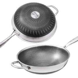 34cm 316 Stainless Steel Non-Stick Stir Fry Cooking Kitchen Wok Pan with Lid Honeycomb Double Sided Home & Garden Kings Warehouse 