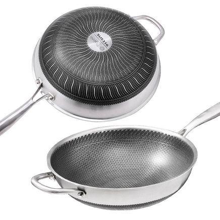 34cm 316 Stainless Steel Non-Stick Stir Fry Cooking Kitchen Wok Pan with Lid Honeycomb Double Sided Home & Garden Kings Warehouse 