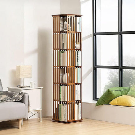 360 Rotating Bookshelf Bamboo Storage Display Rack Shelving in Dark Wood Furniture Kings Warehouse 