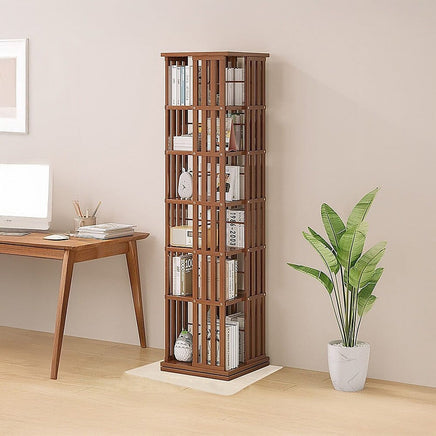 360 Rotating Bookshelf Bamboo Storage Display Rack Shelving in Dark Wood Furniture Kings Warehouse 