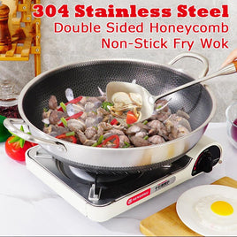 36cm 316 Stainless Steel Non-Stick Stir Fry Cooking Kitchen Wok Pan with Lid Honeycomb Double Sided Home & Garden Kings Warehouse 