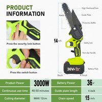 36V 3000W Mini Cordless Chainsaw 2X Battery-Powered Wood Cutter Rechargeable Tools Kings Warehouse 