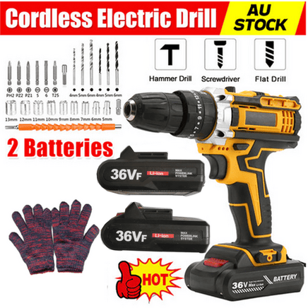 36VF BRUSHLESS HEAVY DUTY CORDLESS DRILL IMPACT DRIVER KIT HAMMER +2 BATTERY Box Tools Kings Warehouse 