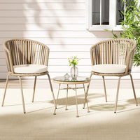 3PC Outdoor Bistro Set Patio Furniture Rope Setting Chairs Table Beige Kings Warehouse 
