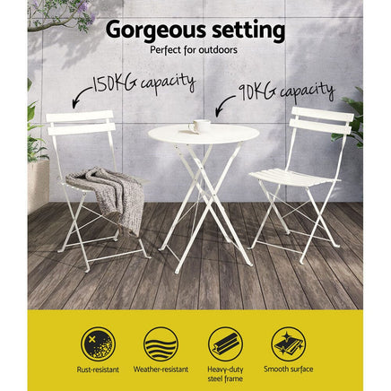 3PC Outdoor Bistro Set Steel Table and Chairs Patio Furniture White Kings Warehouse 