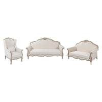 3S+2S+1X Wing Chair Oak Wood White Washed Finish Rolled Armrest Linen Sofa Fabric Furniture Kings Warehouse 