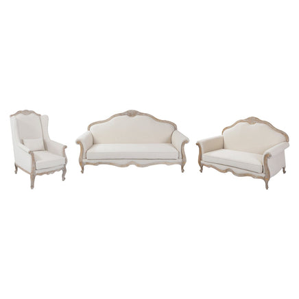 3S+2S+1X Wing Chair Oak Wood White Washed Finish Rolled Armrest Linen Sofa Fabric Furniture Kings Warehouse 