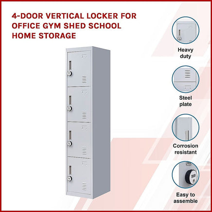4-Door Vertical Locker for Office Gym Shed School Home Storage Furniture Kings Warehouse 