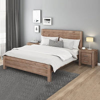 4 Pieces Bedroom Suite in Solid Wood Veneered Acacia Construction Timber Slat King Size Oak Colour Bed, Bedside Table & Tallboy Furniture Kings Warehouse 