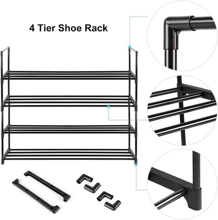4-Tier Stainless Steel Shoe Rack Storage Organizer to Hold up to 15 Pairs of Shoes (55cm, Black) Furniture Kings Warehouse 