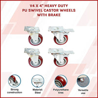 4 x 4" Heavy Duty PU Swivel Castor Wheels With Brake Tools Kings Warehouse 