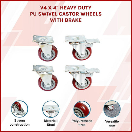 4 x 4" Heavy Duty PU Swivel Castor Wheels With Brake Tools Kings Warehouse 