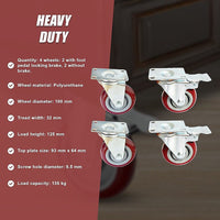 4 x 4" Heavy Duty PU Swivel Castor Wheels With Brake Tools Kings Warehouse 