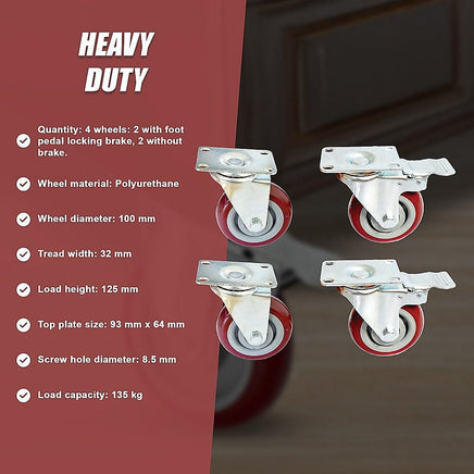 4 x 4" Heavy Duty PU Swivel Castor Wheels With Brake Tools Kings Warehouse 