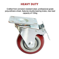 4 x 4" Heavy Duty PU Swivel Castor Wheels With Brake Tools Kings Warehouse 