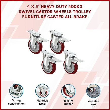 4 X 5" Heavy Duty 400kg Swivel Castor Wheels Trolley Furniture Caster All Brake Tools Kings Warehouse 