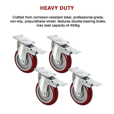 4 X 5" Heavy Duty 400kg Swivel Castor Wheels Trolley Furniture Caster All Brake Tools Kings Warehouse 