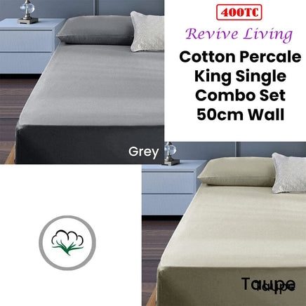 400TC Cotton Percale King Single Combo Set 50cm Wall Taupe Home & Garden Kings Warehouse 