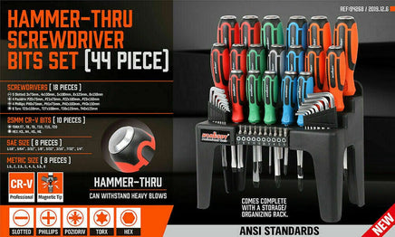 44-Piece Impact Screwdriver Set with Magnetic Bits, High Torque Hex Keys and Rack with Color Grip Tools Kings Warehouse 