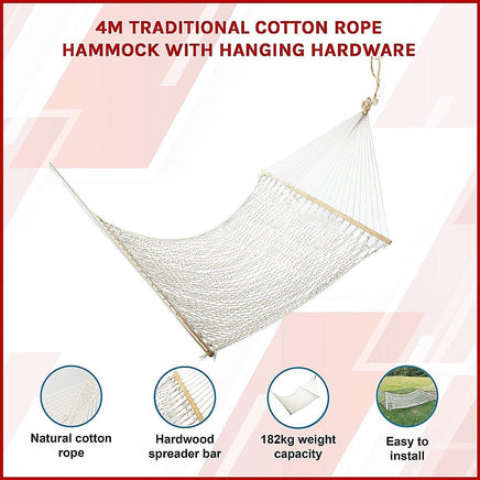 4m Traditional Cotton Rope Hammock with Hanging Hardware Home & Garden Kings Warehouse 